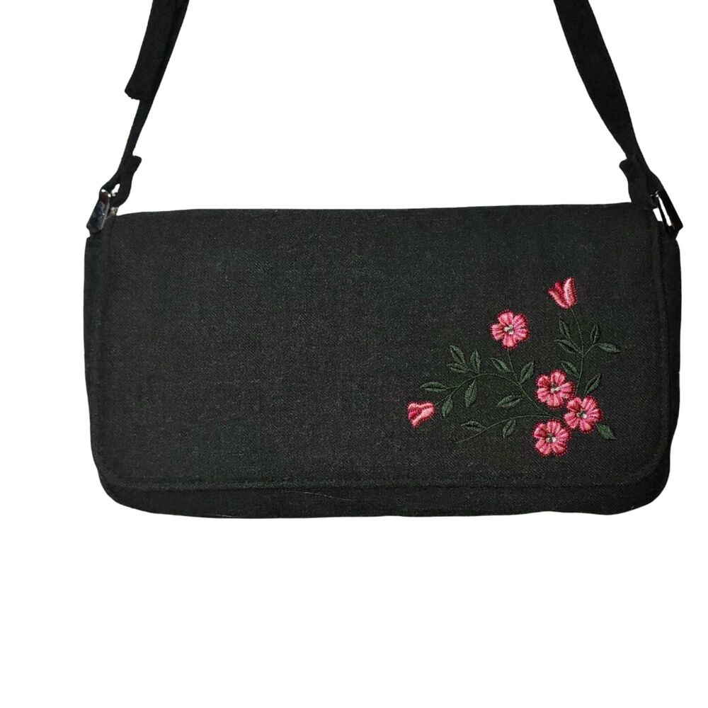 Dark Charcoal Gray Embroirdered Floral WoolBaguette Purse